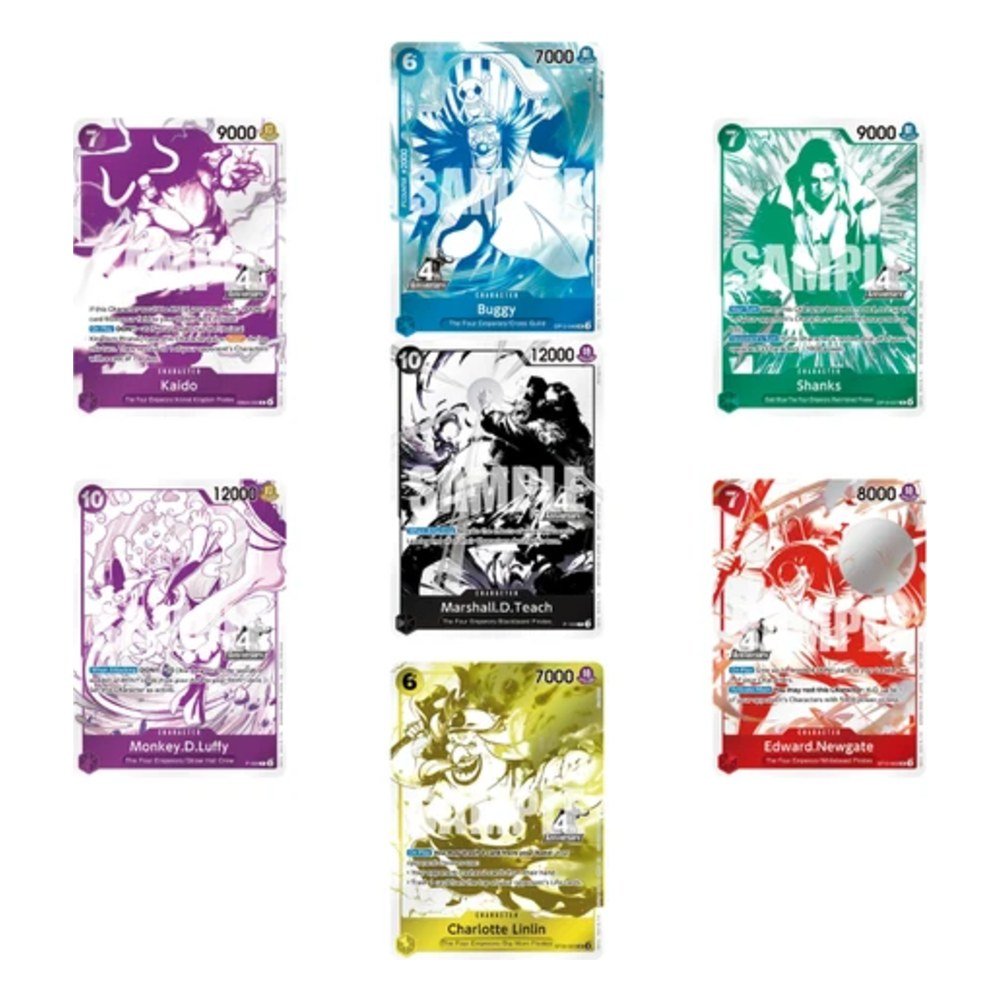 Las 7 cartas de la colección One Piece 4th Anniversary Treasure Campaign: Kaido, Buggy, Shanks, Marshall.D.Teach, Monkey.D.Luffy, Edward.Newgate y Charlotte Linlin